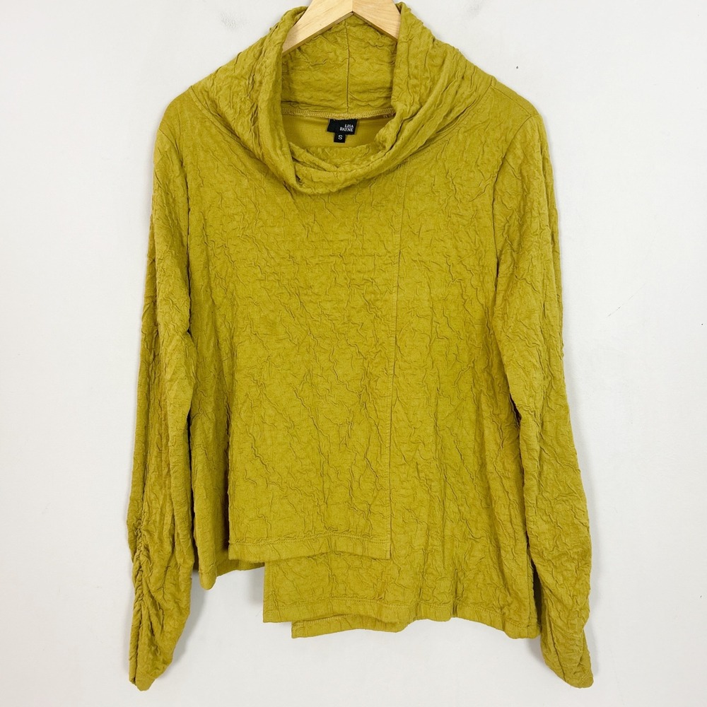 Lisa Bayne Chartreuse Green Crinkle Cowl Neck Asymmetrical Hem Top Small